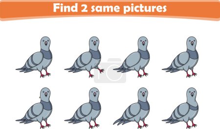 Illustration for Funny cartoon dove. Find two same pictures. Educational game for children. Cartoon vector illustration - Royalty Free Image