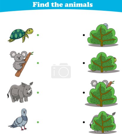 Illustration for Finding Hiding Animals Child Exercise Sheet turtle koala rhino dove printable - Royalty Free Image