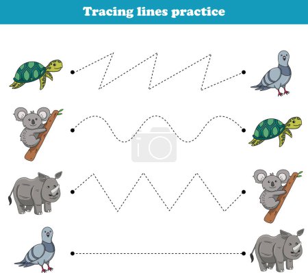 Illustration for Tracing Lines turtle koala rhino dove. Educational games. Worksheet activity for preschool kids. Vector illustration. - Royalty Free Image