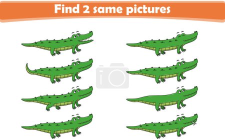 Funny cartoon crocodile. Find two same pictures. Educational game for children. Cartoon vector illustration