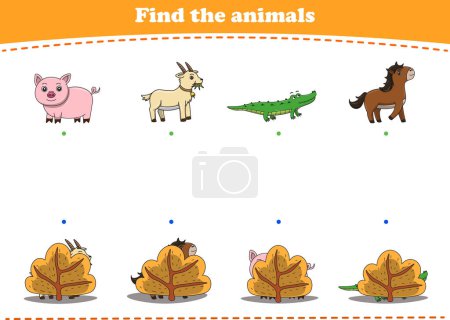 Education game for children find the hiding pictures of cute wild animal cartoon. Vector Illustration
