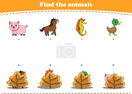 Ilustración de Juego de educación para los niños encontrar las imágenes ocultas de dibujos animados animales salvajes lindo. Ilustración vectorial - Imagen libre de derechos