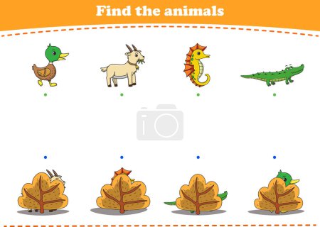 Jeu d'éducation pour les enfants trouver les images cachées de dessin animé animal sauvage mignon. Illustration vectorielle