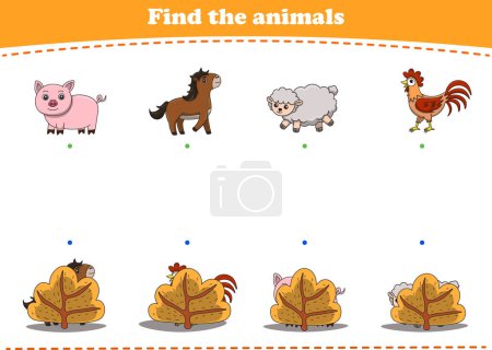 Juego de educación para los niños encontrar las imágenes ocultas de dibujos animados animales salvajes lindo. Ilustración vectorial