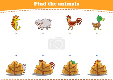 Ilustración de Juego de educación para los niños encontrar las imágenes ocultas de dibujos animados animales salvajes lindo. Ilustración vectorial - Imagen libre de derechos