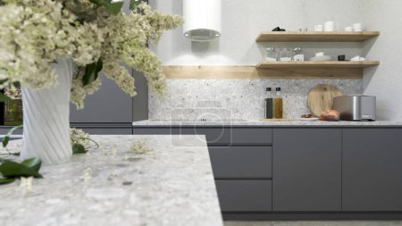 Téléchargez les photos : 3d rendant design intérieur de cuisine grise moderne - en image libre de droit