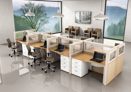 3D Rendering von leeren Büroarbeitsplatzpartitionen im Inneren 