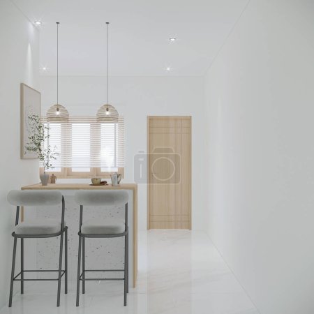 Foto de Diseño interior moderno, cocina, hogar, sala de estar, apartamento, comedor, mesa, piso blanco y de madera - Imagen libre de derechos
