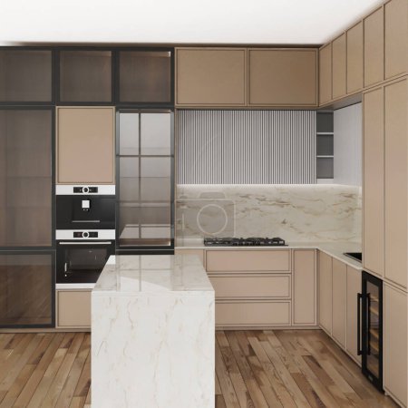 Téléchargez les photos : Intérieur de cuisine moderne avec des murs blancs et gris et une grande fenêtre. Rendu 3d - en image libre de droit