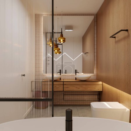 Téléchargez les photos : Modern bathroom, interior of shower 3d rendering - en image libre de droit