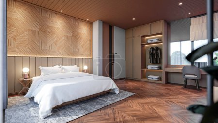 Téléchargez les photos : Illustration 3D de chambre d'hôtel confortable blanche avec mobilier moderne - en image libre de droit