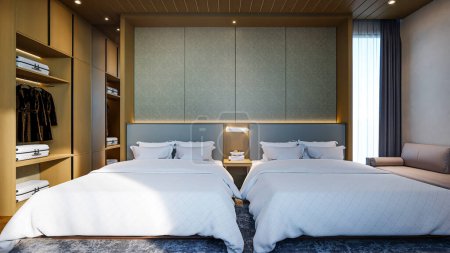 Foto de Dormitorio de hotel de lujo con sofá en el interior de la representación 3d - Imagen libre de derechos