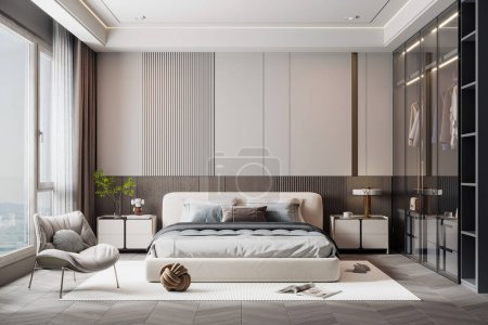 Téléchargez les photos : 3d rendant design intérieur de chambre à coucher moderne - en image libre de droit