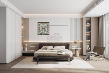 Téléchargez les photos : 3d rendant design intérieur de chambre à coucher moderne - en image libre de droit