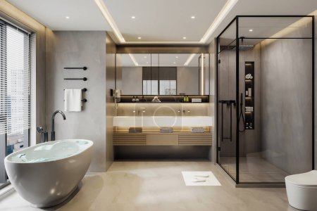 Foto de Interior de un moderno cuarto de baño con una gran ventana - Imagen libre de derechos