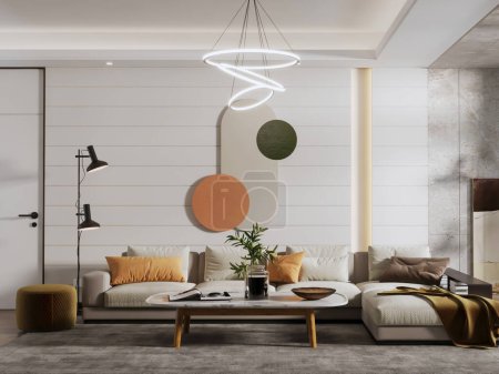 Foto de Moderno salón con sofá blanco y pared de madera 3 d renderizado - Imagen libre de derechos