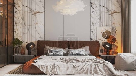 Téléchargez les photos : Design intérieur moderne de la chambre avec des murs en marbre et béton, illustration 3 d - en image libre de droit