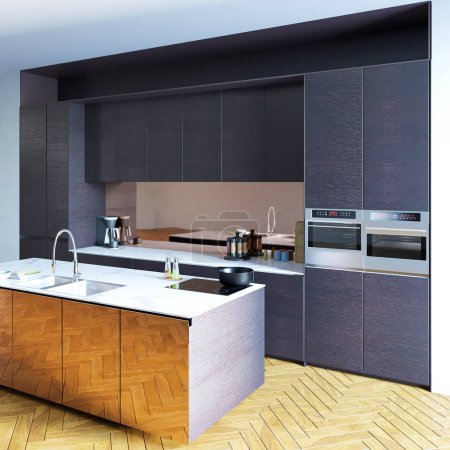Foto de 3 d renderizado de diseño interior de cocina moderna - Imagen libre de derechos