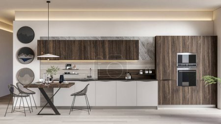 Téléchargez les photos : 3d rendant la cuisine moderne design intérieur modulaire - en image libre de droit