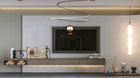 Foto de 3d renderizado sala de estar moderna con diseño de interiores de pared de tv - Imagen libre de derechos