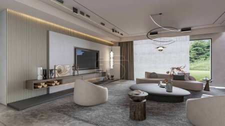 Foto de 3d renderizado sala de estar moderna con diseño de interiores de pared de tv - Imagen libre de derechos