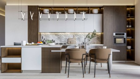 Foto de 3d renderizado moderna ventaja de la cocina con decoración de gabinete de madera diseño interior - Imagen libre de derechos