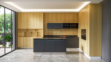 Téléchargez les photos : 3d rendant avantage de la cuisine moderne avec décoration d'armoire en bois design intérieur - en image libre de droit