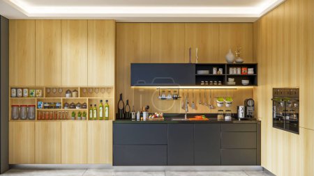 Foto de 3d renderizado moderna ventaja de la cocina con decoración de gabinete de madera diseño interior - Imagen libre de derechos