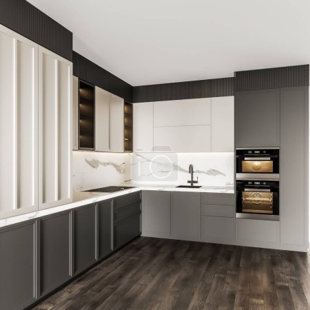 Foto de 3d representación mini cocina con gabinete de madera y suelo de madera - Imagen libre de derechos