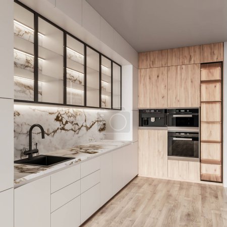 Téléchargez les photos : 3d rendu mini cuisine avec armoire en bois et plancher en bois - en image libre de droit