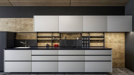 Téléchargez les photos : 3d rendu cuisine moderne design de scène intérieure avancée - en image libre de droit