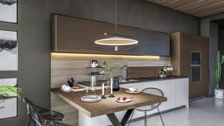 Photo for 3d rendering modern kitchen advanced interior scene design - Royalty Free Image