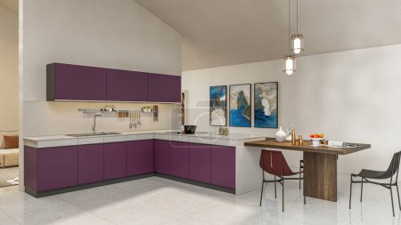 Foto de 3d renderizado cocina moderna diseño avanzado escena interior - Imagen libre de derechos