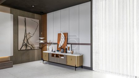 Téléchargez les photos : 3d rendant la scène intérieure moderne de meubles de buffet d'armoire latérale de console - en image libre de droit