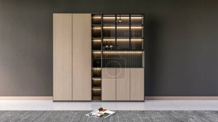 Foto de 3d renderizado moderno gabinete de vino de madera escena interior - Imagen libre de derechos