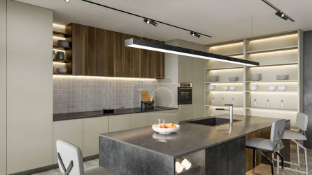 Téléchargez les photos : 3d rendu cuisine moderne modélisation avancée intérieur scène complète - en image libre de droit