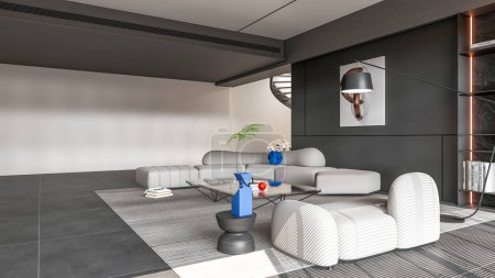 Foto de 3d renderizado sala de estar moderna escena completa interior - Imagen libre de derechos