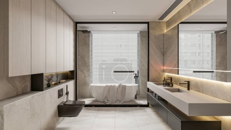Foto de 3d renderizar moderno baño completo escena interior - Imagen libre de derechos