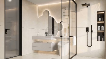 Téléchargez les photos : 3d rendre salle de bain moderne intérieur scène complète - en image libre de droit