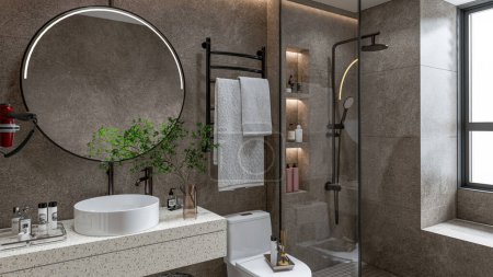 Téléchargez les photos : 3d rendre salle de bain moderne intérieur scène complète - en image libre de droit