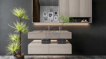 Foto de 3d renderizado baño moderno vanidad escena interior - Imagen libre de derechos