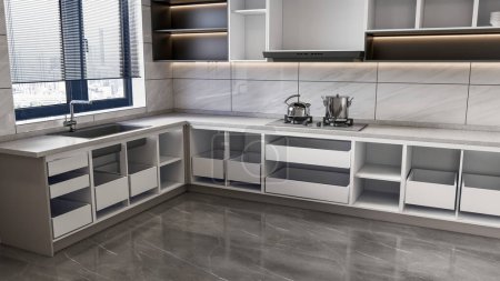 Foto de 3d renderizar cocina moderna con muebles de gabinete y mesa de comedor diseño interior - Imagen libre de derechos