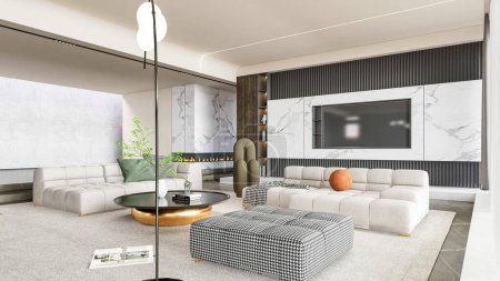 Foto de 3d renderizar moderna sala de estar con tv pared interior escena completa - Imagen libre de derechos