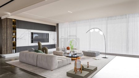 Photo for 3d render modern living room with tv wall interior full scene - Royalty Free Image