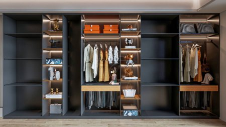 Foto de 3d representación vestidor armario armario almacenamiento escena interior - Imagen libre de derechos