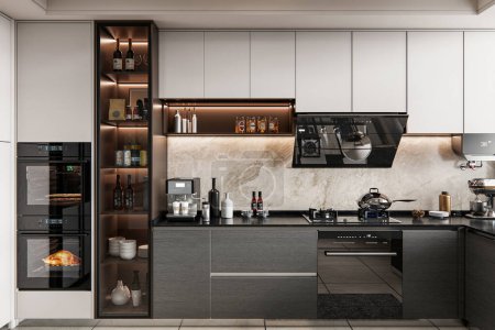 Foto de 3d renderizado cocina modelado interior completo escena diseño - Imagen libre de derechos