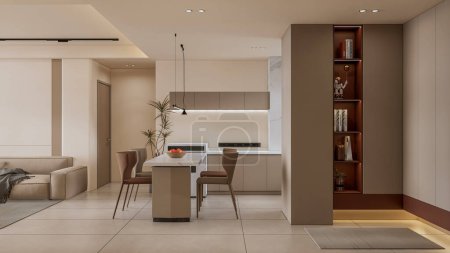 Foto de 3d renderizado sala de estar con cocina y tv pared interior diseño de escena completa - Imagen libre de derechos