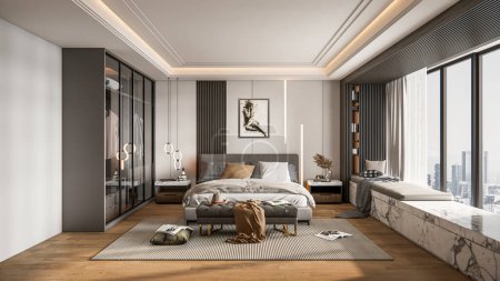 Téléchargez les photos : 3d rendant design de scène intérieure de chambre à coucher moderne - en image libre de droit