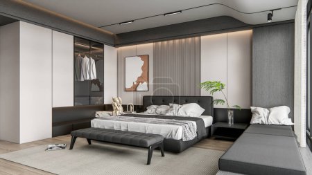 Téléchargez les photos : 3d rendant design de scène intérieure de chambre à coucher moderne - en image libre de droit