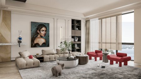 Téléchargez les photos : 3d rendant salon moderne avec tv mur unité design intérieur - en image libre de droit